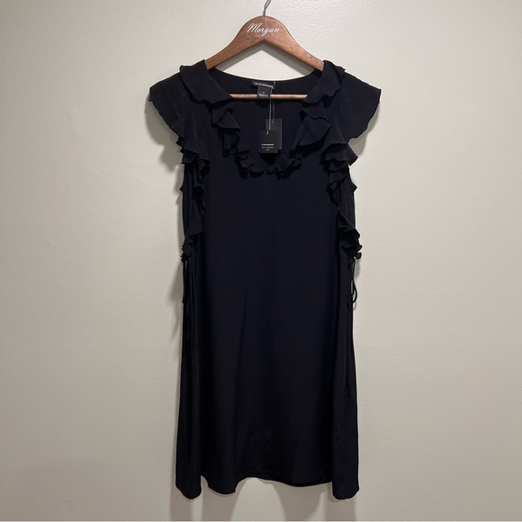 Club Monaco NWT Kiefira Mini Dress in Black, 100% Silk, Ruffles Side Ties, 2 - Picture 2 of 12